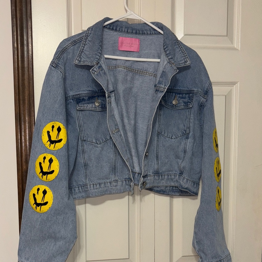Azalea Wang Denim Jacket with Yellow smiley faces